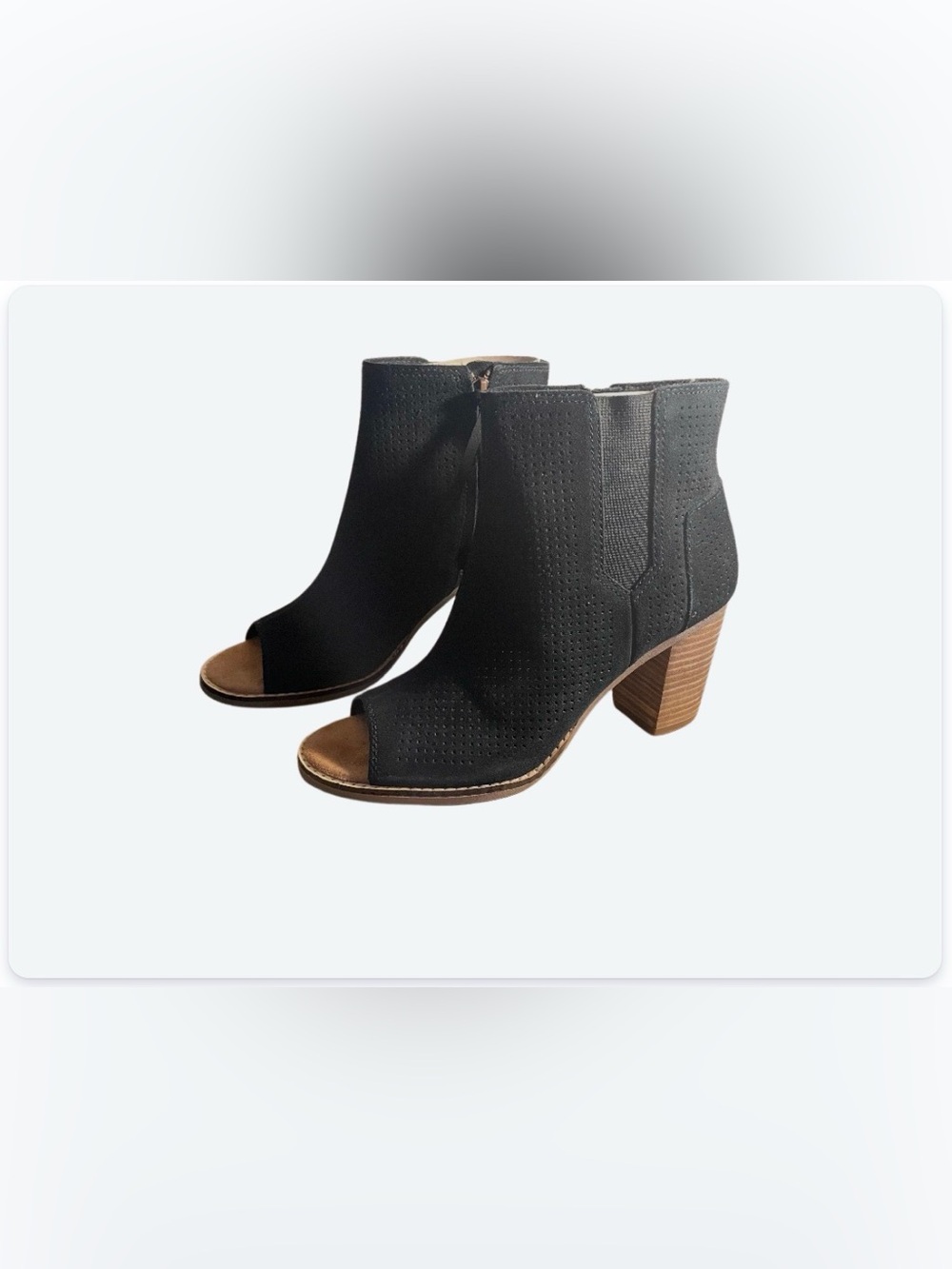 Toms Majorica Black Suede Peep-Toe Block Heel Booties (New with Tags) and box